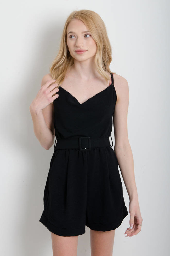 KOMBINEZON NA CIENKICH RAMIĄCZKACH Z PASKIEM- CZARNY