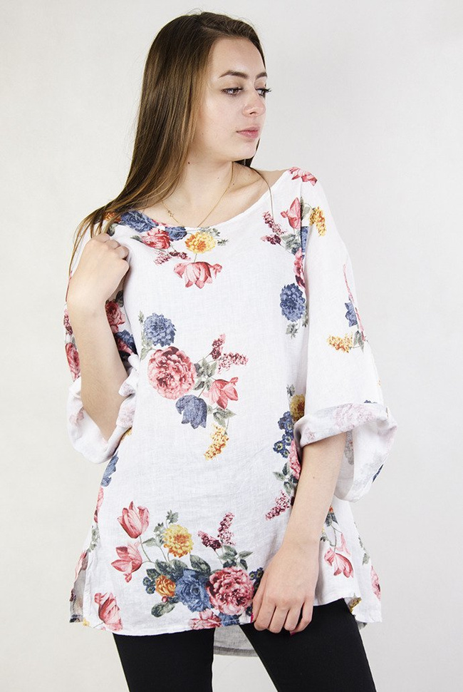 Biała bluzka z lnu, w kwiaty