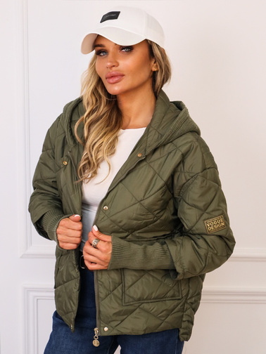 PIKOWANA KURTKA ZE SWETERKOWYM KAPTUREM I ŚCIĄGACZEM NA RĘKAWIE- ZIELONA