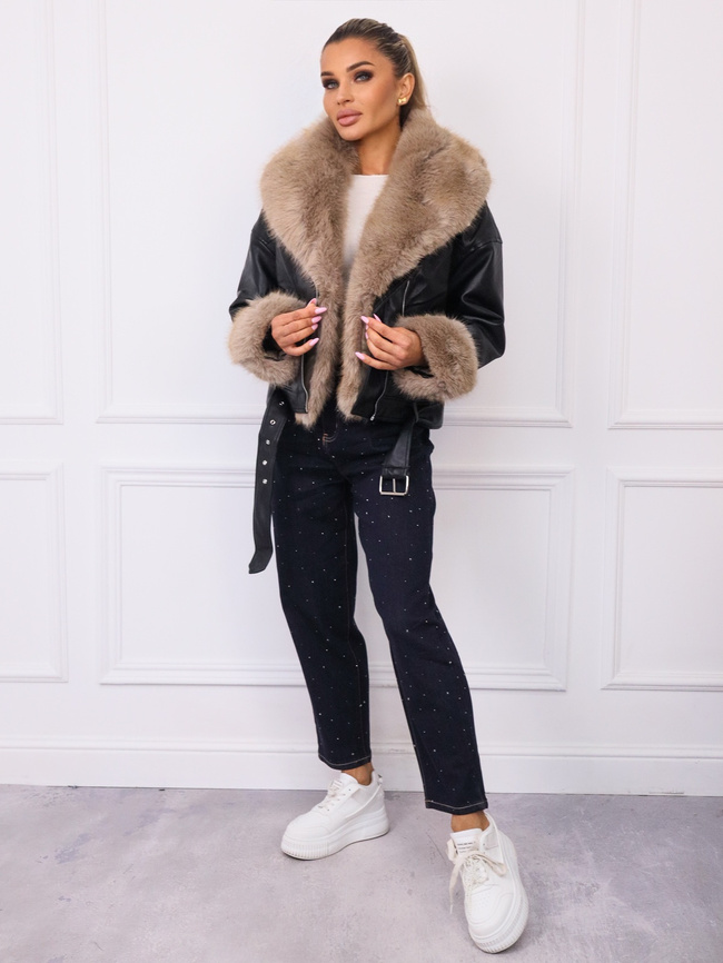 KURTKA Z EKO SKÓRY Z ODPINANYM BRĄZOWYM FUTERKIEM