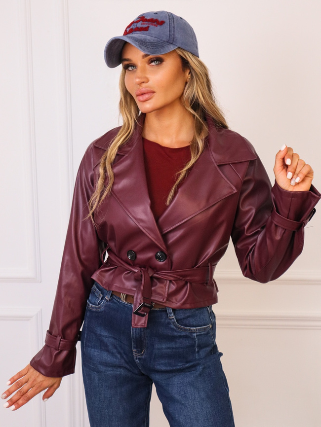 KURTKA KRÓTKI TRENCZ Z IMITACJI SKÓRY- BORDOWA