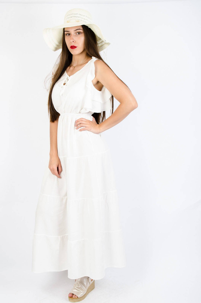 BIAŁA DŁUGA SUKIENKA Z WYCIĘCIEM NA RAMIONACH 