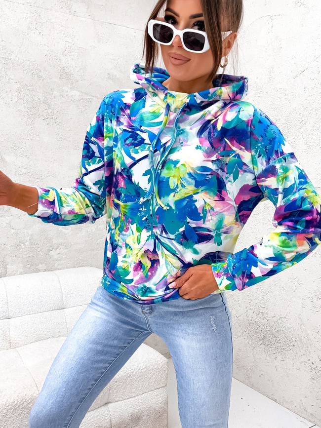 WZORZYSTA BLUZA Z KAPTUREM- NIEBIESKA