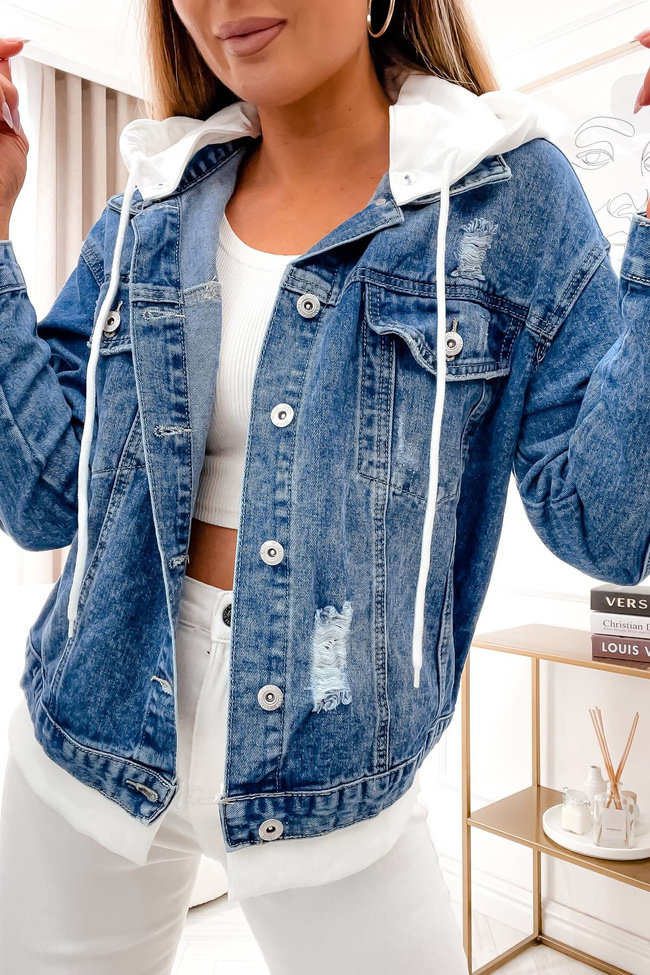 KURTKA JEANSOWA Z DRESOWYMI WSTAWKAMI- CIEMNY JEANS