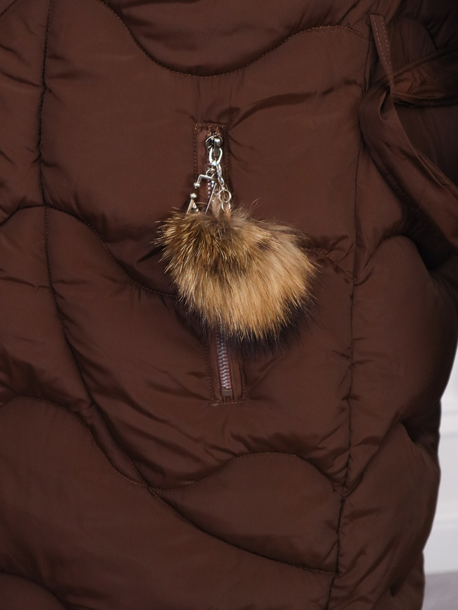 DŁUGA KURTKA PŁASZCZ WIĄZANY W PASIE Z FUTERKIEM- CZEKOLADOWA