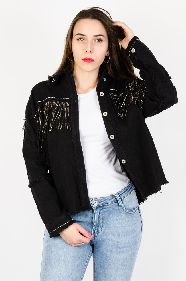 CZARNA KURTKA JEANSOWA OVERSIZE Z FRĘDZLAMI