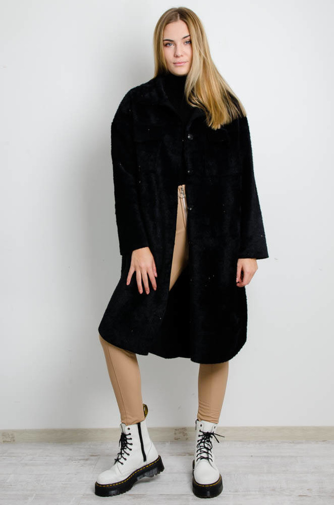 CZARNY PŁASZCZ ALPAKA Z KIESZONKAMI