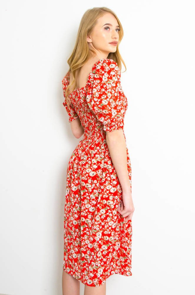 CZERWONA SUKIENKA Z BUFKAMI W DROBNE KWIATY