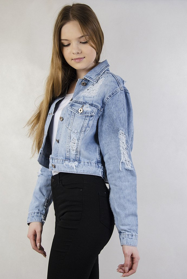 Jasna krótka kurtka jeansowa z dziurami