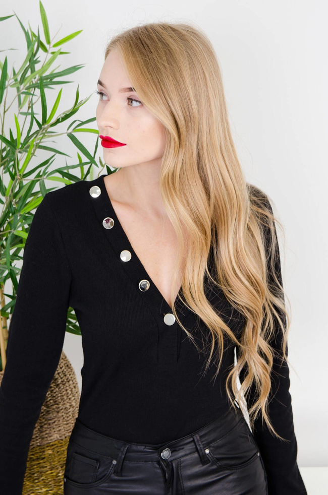 CZARNE PRĄŻKOWANE BODY ZE ZŁOTYMI GUZIKAMI