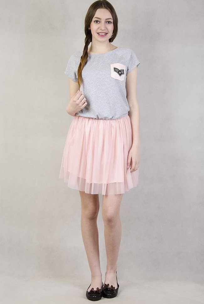 Sukienka z szarą górą i różowym tiulowym dołem