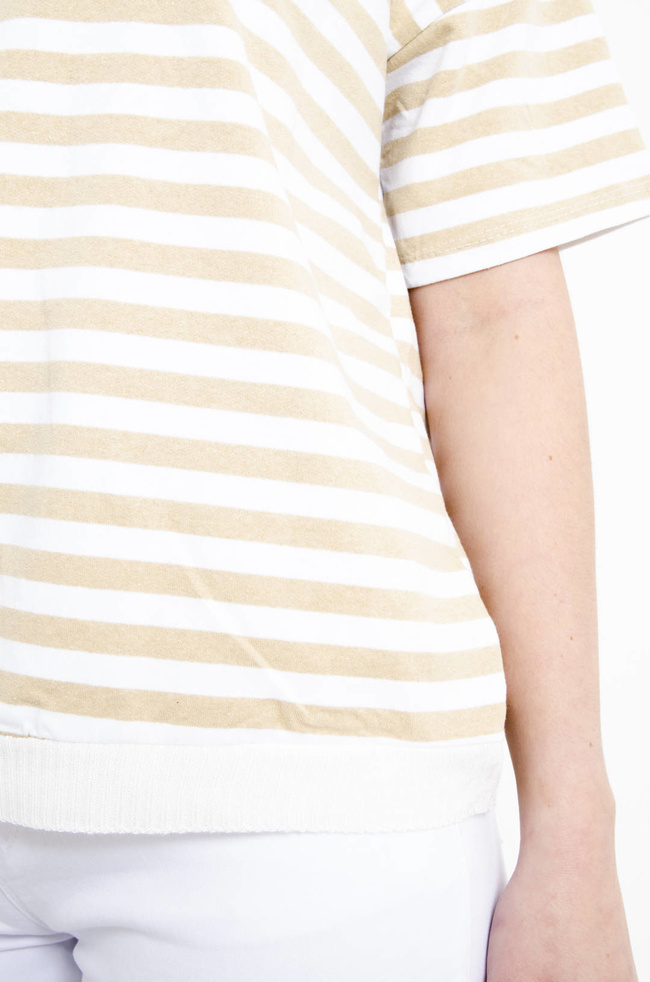 T-SHIRT BIAŁO-BEŻOWY W PASKI Z SERDUSZKIEM