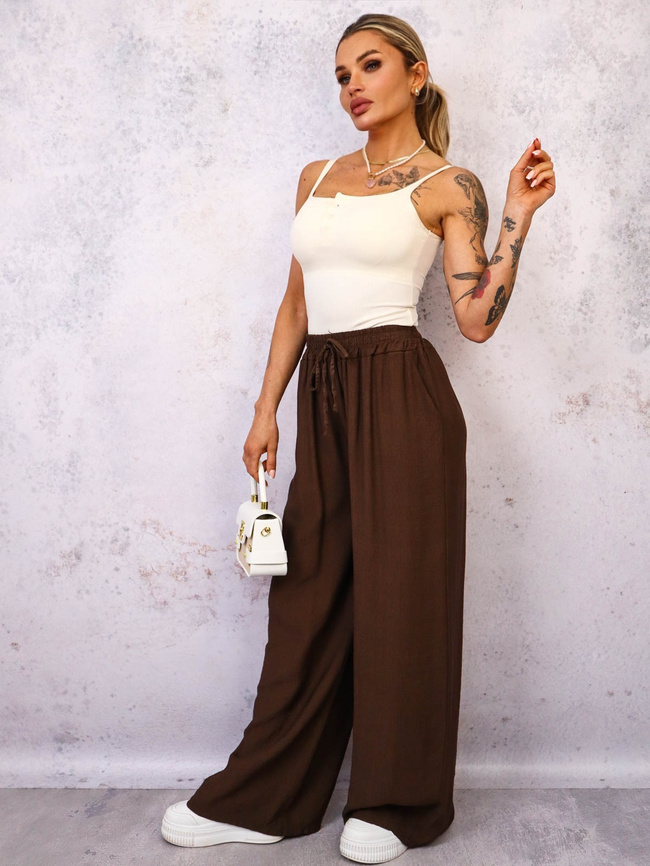 SPODNIE MATERIAŁOWE Z SZEROKIMI NOGAWKAMI- CIEMNOBRĄZOWE