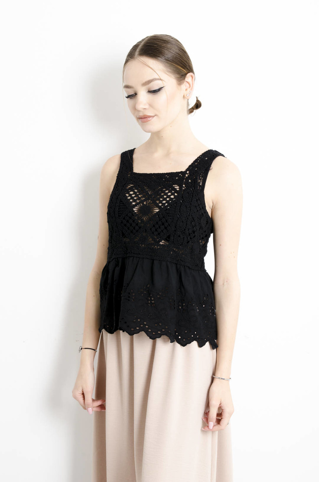 AŻUROWA BLUZKA Z KORONKĄ - CZARNA