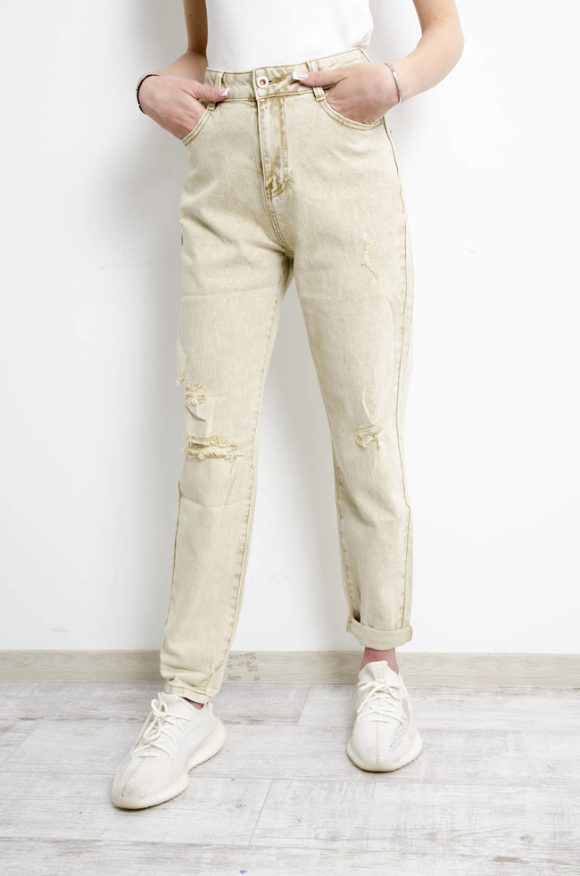 SPODNIE JEANSOWE MOM FIT Z DZIURAMI- BEŻOWE