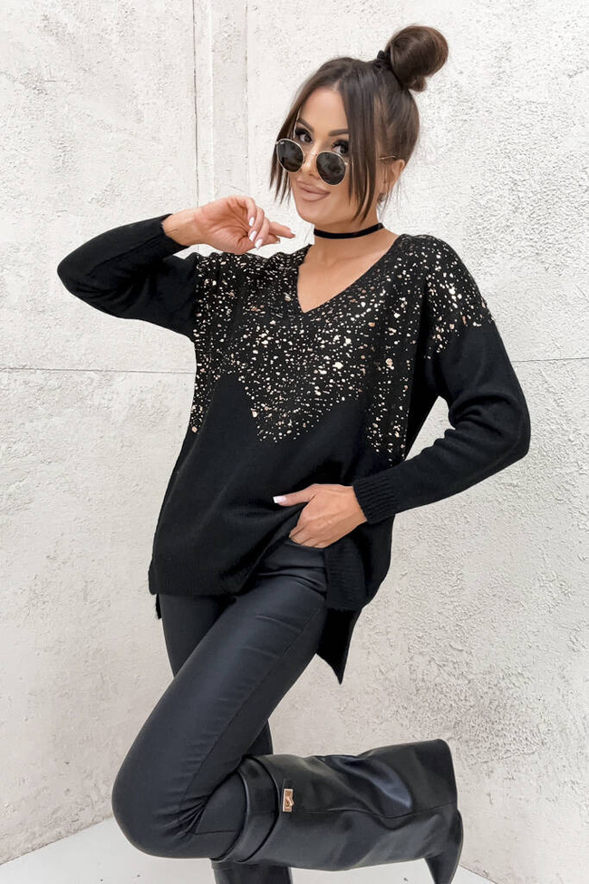 SWETER TUNIKA Z OZDOBNYM ZŁOTEM- CZARNY
