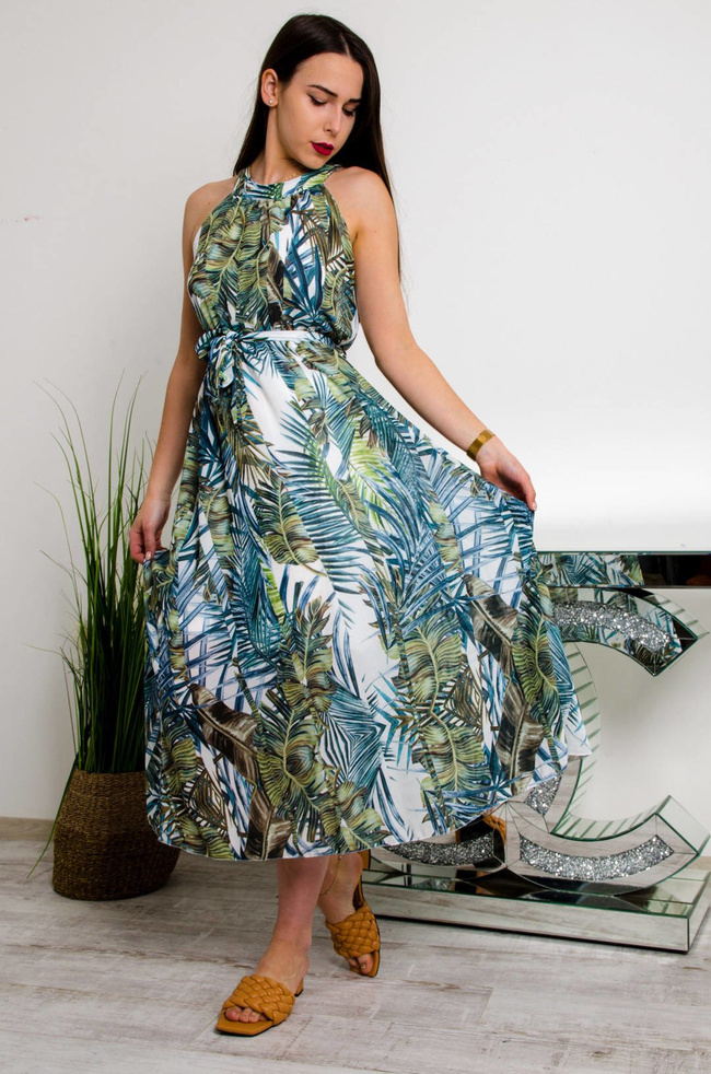 DŁUGA BIAŁO-ZIELONA SUKIENKA MAXI W KWIATOWY WZÓR