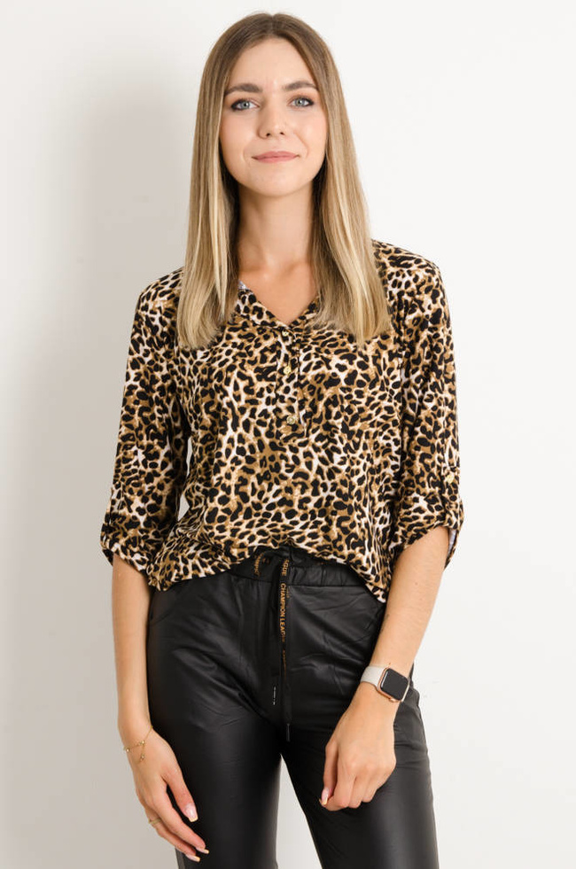 BLUZKA W PANTERKĘ Z OZDOBNYMI GUZIKAM- BEŻOWA