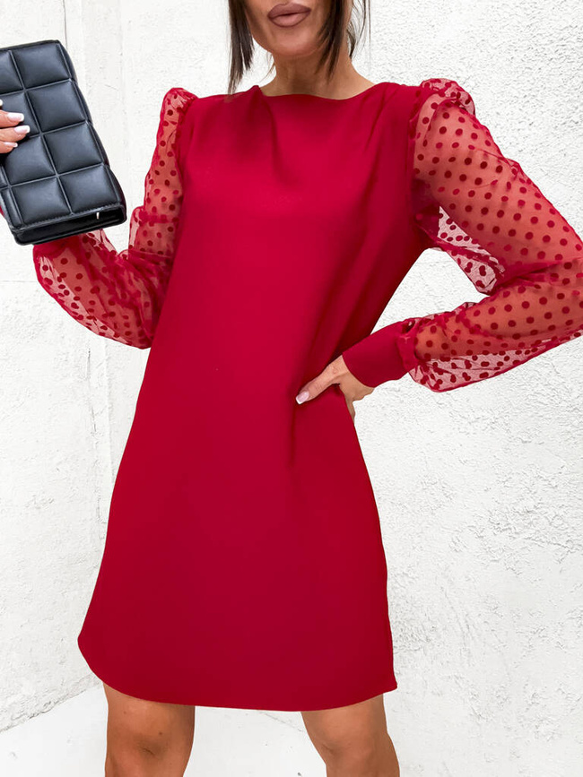 TRAPEZOWA SUKIENKA Z TIULOWYMI RĘKAWAMI W KROPKI- CZERWONA