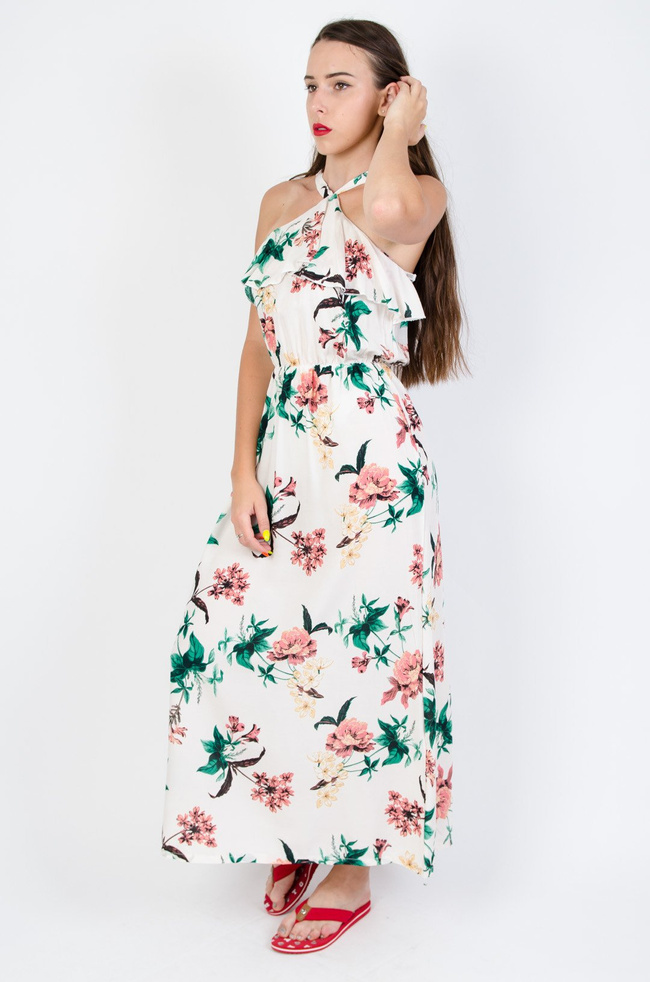 Kremowa sukienka pod szyję w kwiaty 