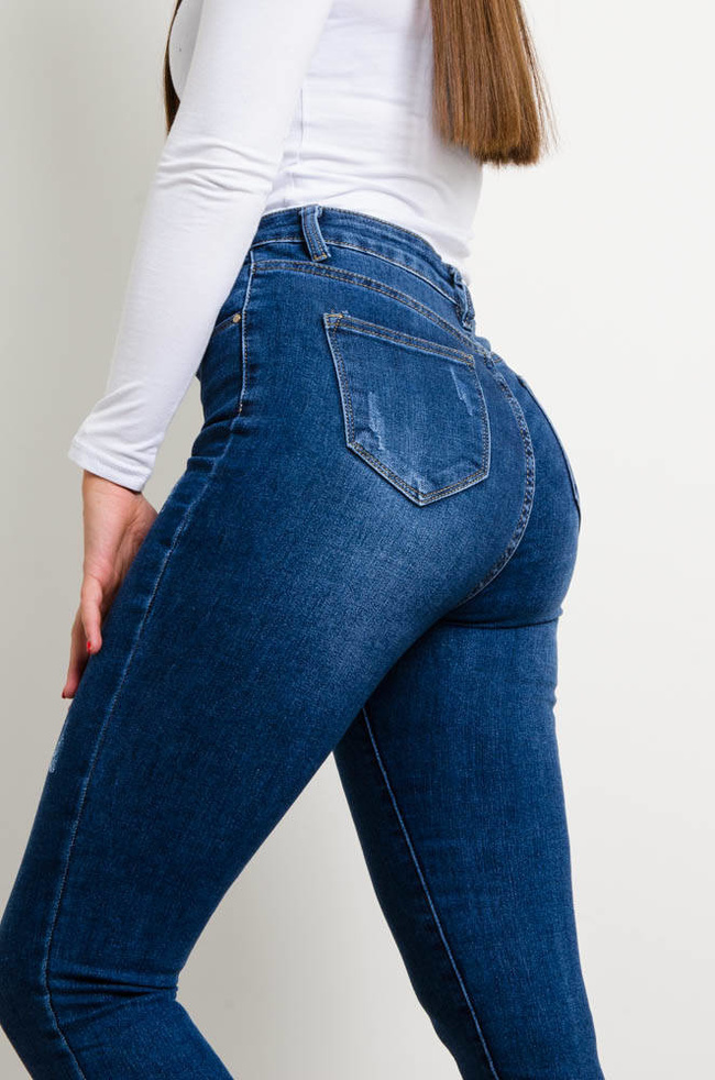 CIEMNE SPODNIE JEANSOWE Z PRZETARCIAMI-WYSOKI STAN