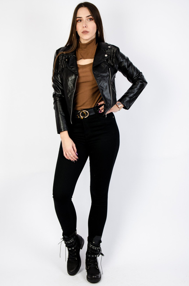 Czarna ramoneska z imitacji skóry z frędzlami