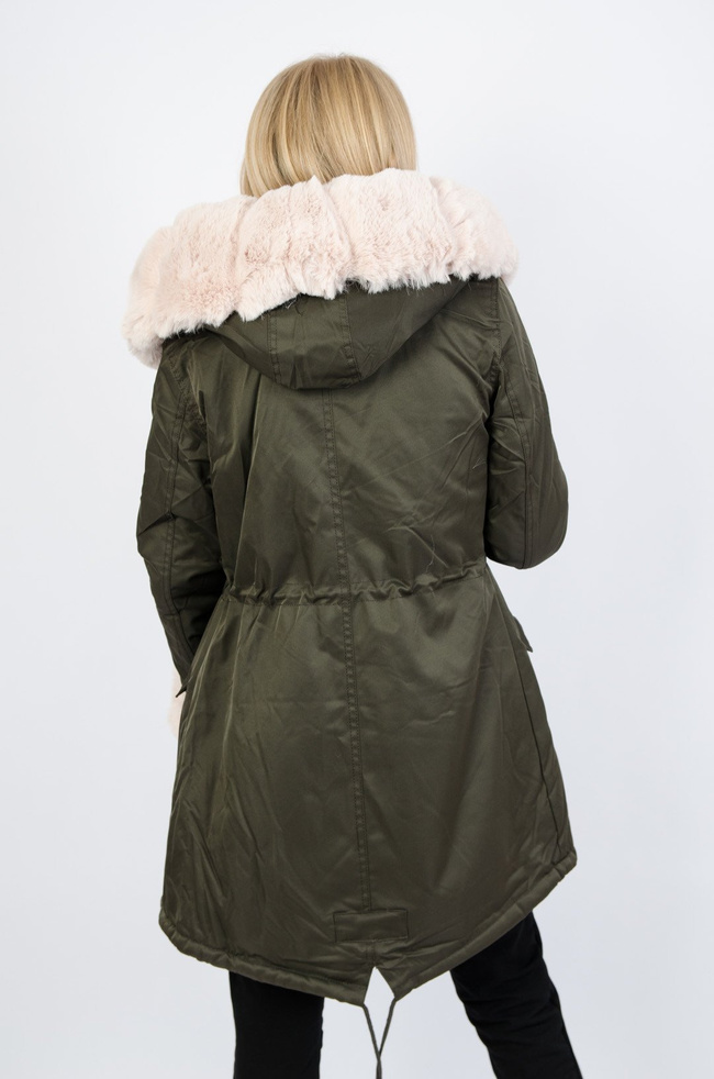Zielona kurtka parka z beżowym futerkiem