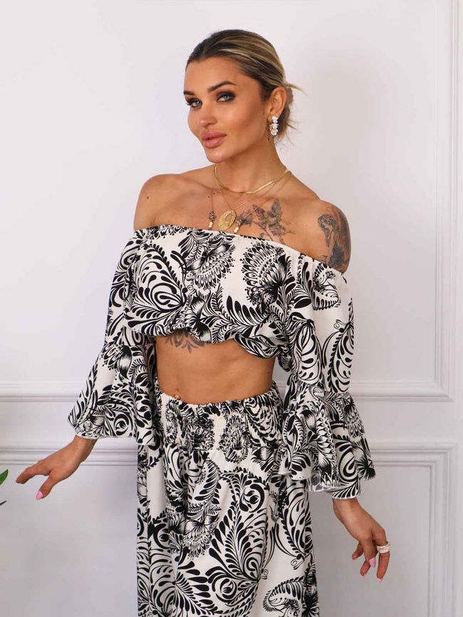 KOMPLET WZORZYSTY TOP+ SPODNIE- CZARNY