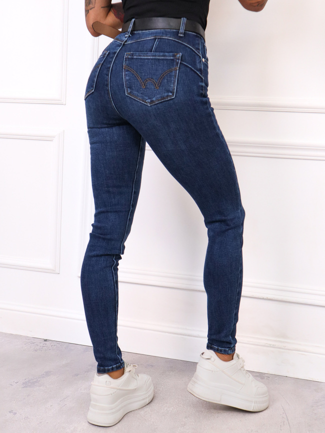 SPODNIE JEANSOWE SKINNY PUSH UP+ PASEK - GRANATOWE
