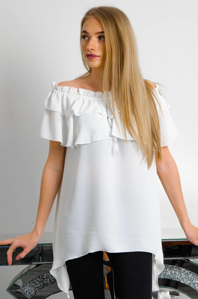 BIAŁA BLUZKA Z FALBANĄ ORAZ DŁUŻSZYMI BOKAMI