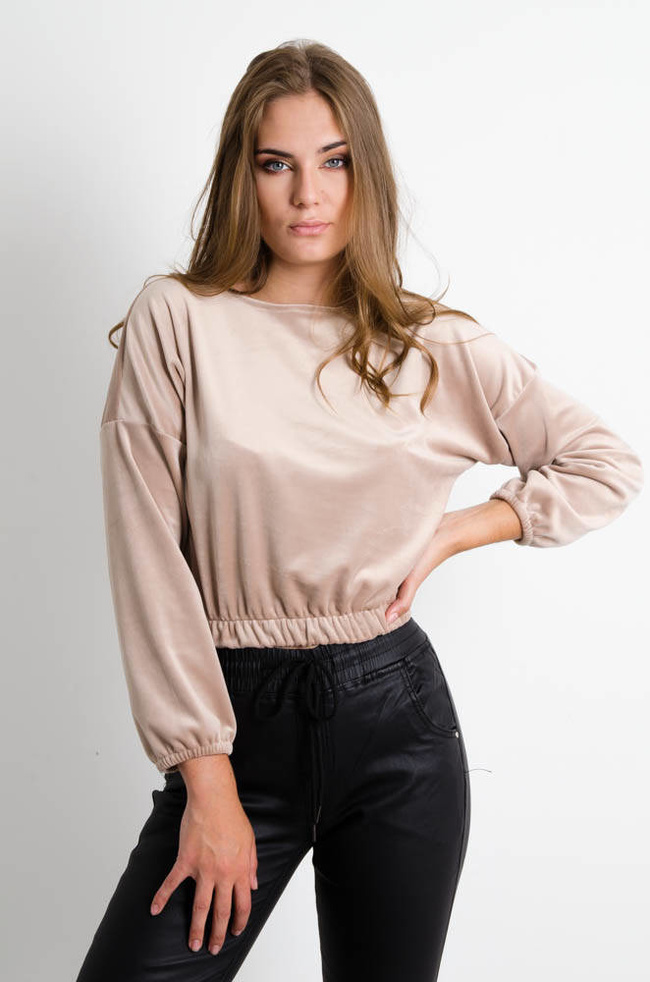 BEŻOWA KRÓTKA BLUZA WELUROWA