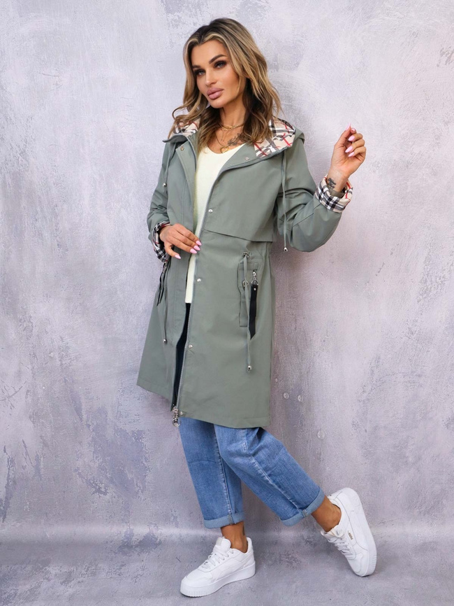 KURTKA PARKA Z KAPTUREM W KRATĘ- ZIELONA