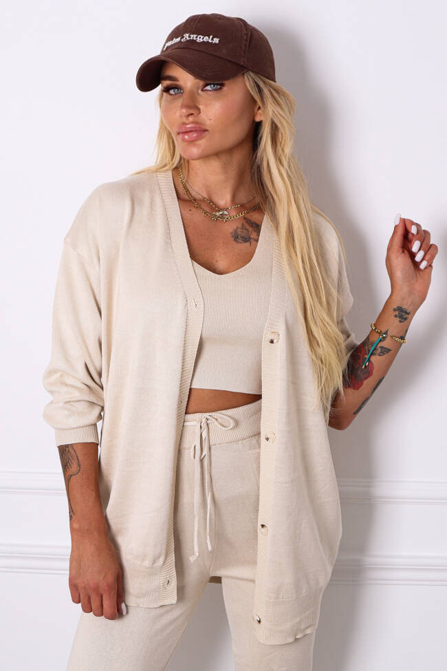 KOMPLET DZIANINOWY SPODNIE+ TOP+ KARDIGAN- BEŻOWY