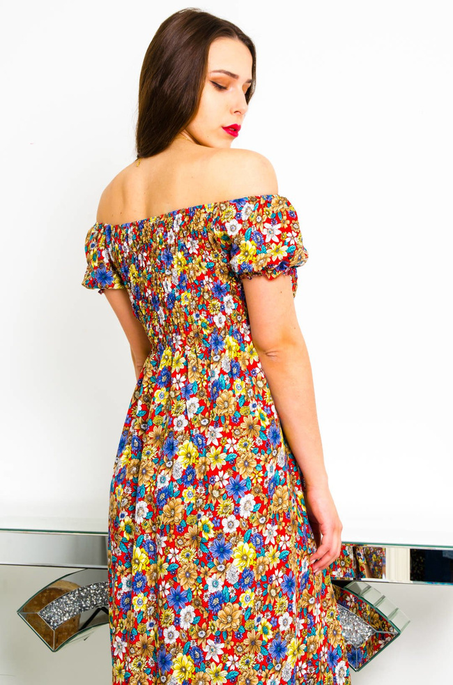 CZERWONA DŁUGA SUKIENKA HISZPANKA W KWIATY 