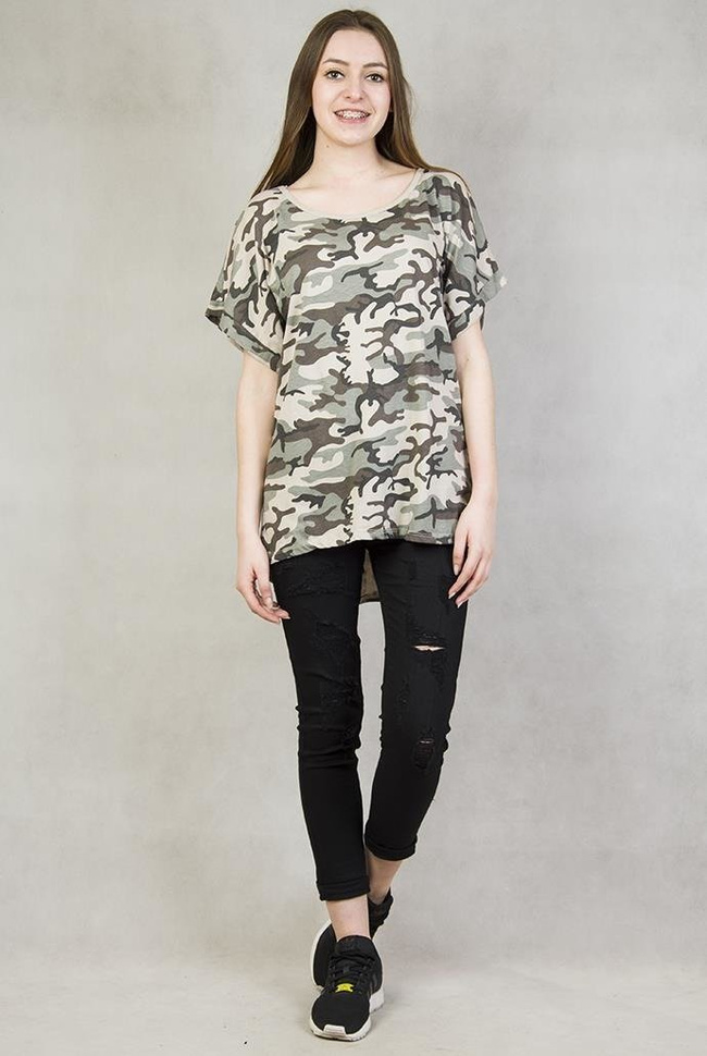 Militarna, beżowa, asymetryczna bluzka na krótki rękaw