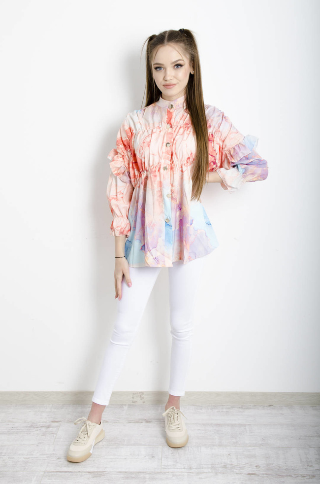 KOSZULA MARMURKOWA Z FALBANAMI NA RĘKAWACH - POMARAŃCZOWA