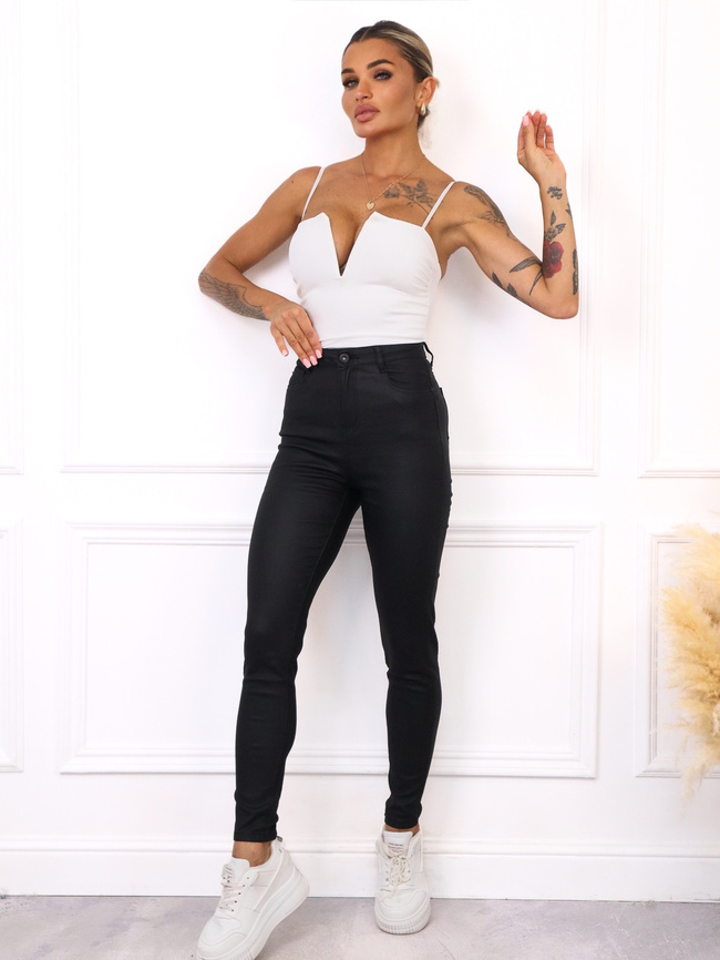 SPODNIE WOSKOWANE Z WYSOKIM STANEM- CZARNE