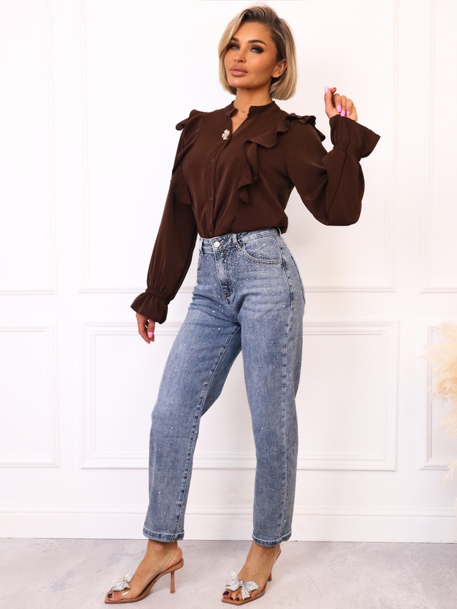 SPODNIE JEANSOWE MOM FIT ZDOBIONE CYRKONIAMI- NIEBIESKIE