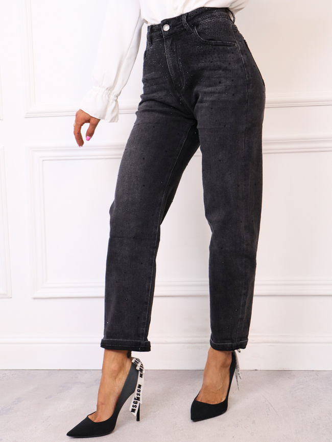 SPODNIE JEANSOWE MOM FIT ZDOBIONE CYRKONIAMI- CZARNE