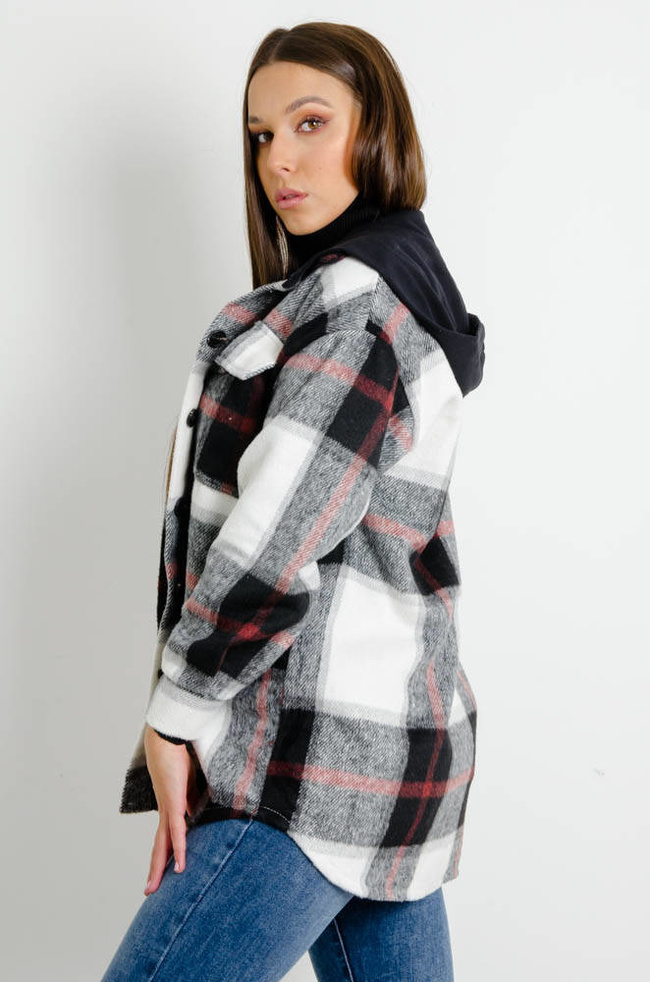 CZARNA KURTKA KOSZULA W KRATĘ Z KAPTUREM 