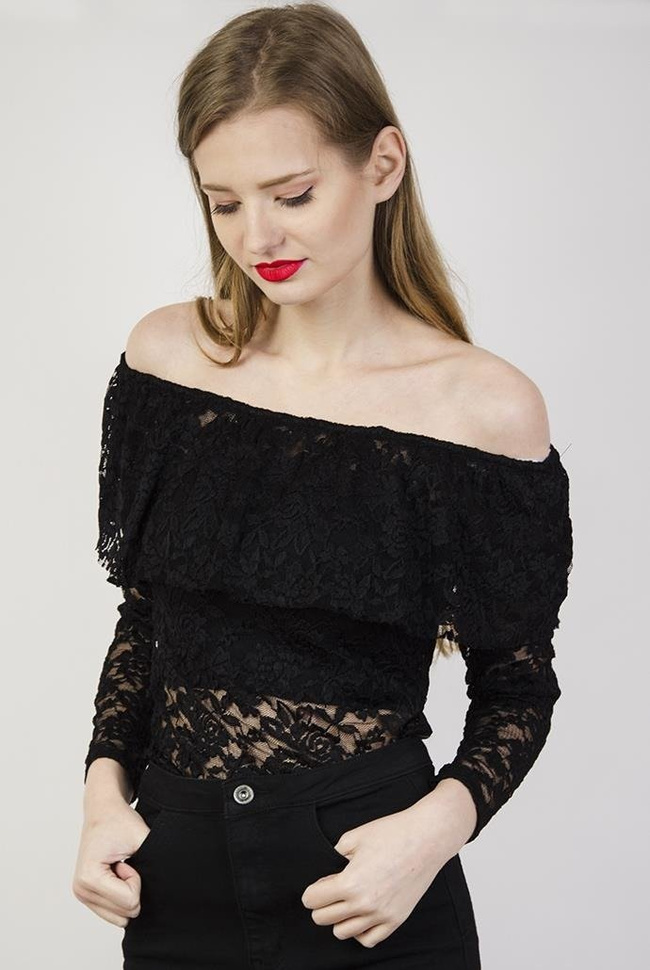 Koronkowe czarne body z hiszpańskim dekoltem