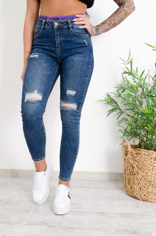 CIEMNE SPODNIE JEANSOWE Z GUMĄ W PASIE-WYSOKI STAN