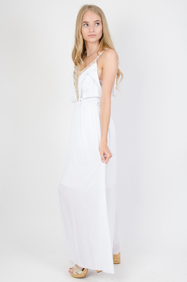 Biała długa sukienka obszyta cekinami