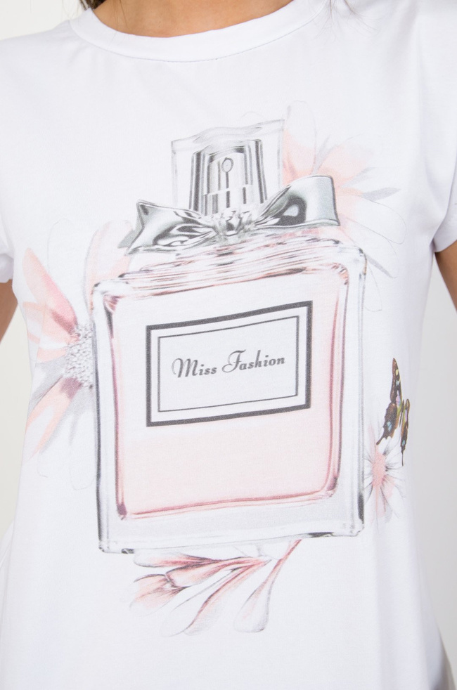 Biały t-shirt z aplikacją butelki perfum