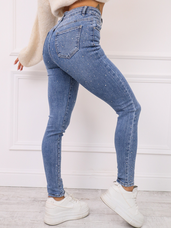 SPODNIE JEANSOWE SKINNY ZDOBIONE CYRKONIAMI- NIEBIESKIE