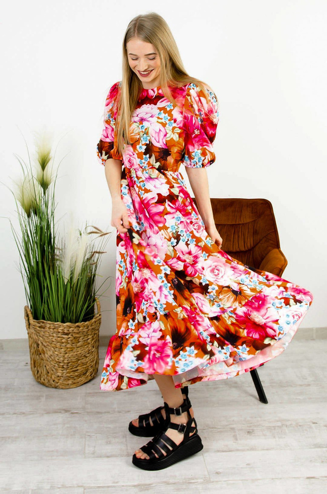 DŁUGA KOLOROWA SUKIENKA Z BUFIASTYMI RĘKAWAMI