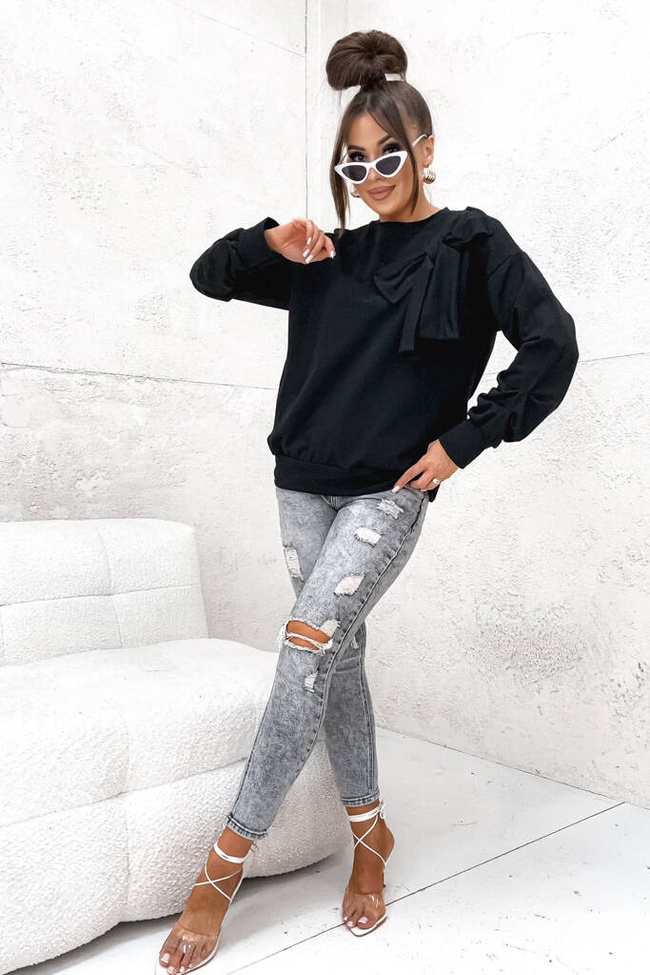 BLUZA Z OZDOBNĄ KOKARDĄ I MARSZCZENIAMI NA RĘKAWACH- CZARNA