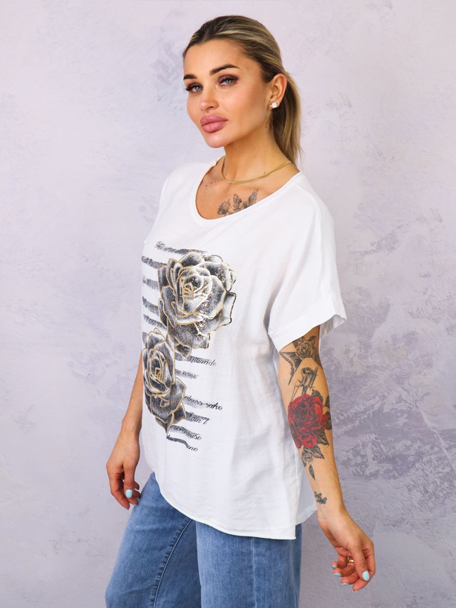 BLUZKA Z OZDOBNYMI ZŁOTYMI KWIATAMI- BIAŁA