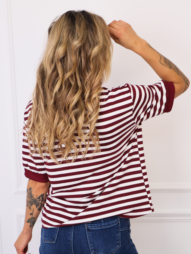 T-SHIRT OVERSIZE W BORDOWE PASKI- BIAŁY