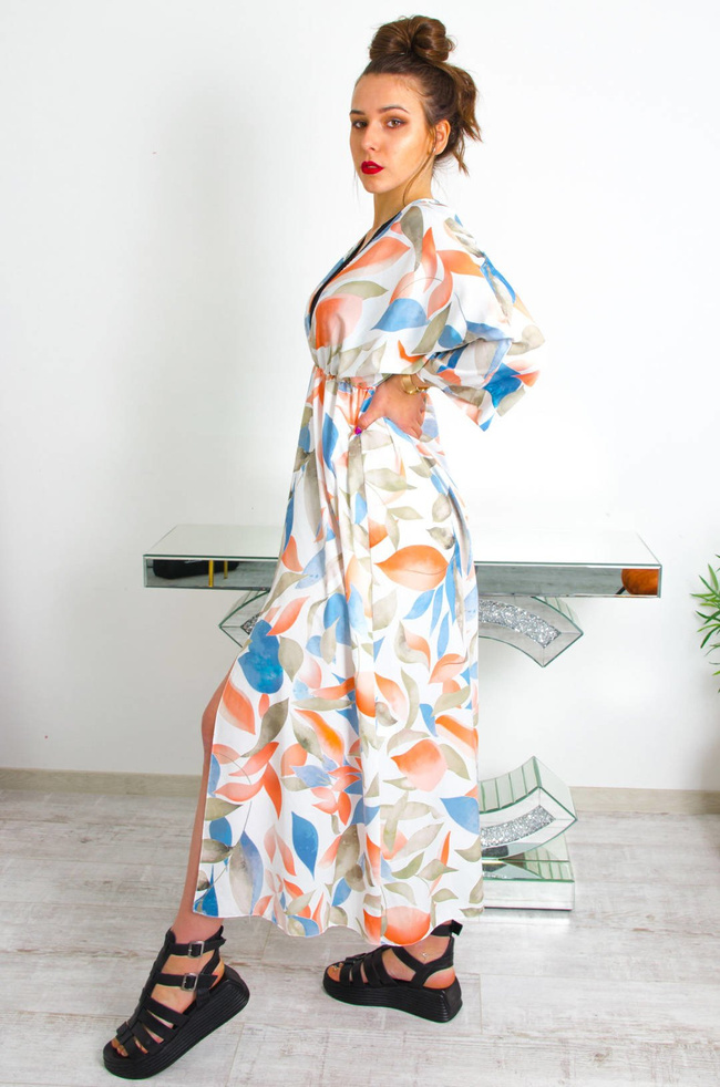 BIAŁA DŁUGA SUKIENKA W MOTYW KWIATOWY -KRÓJ KIMONO
